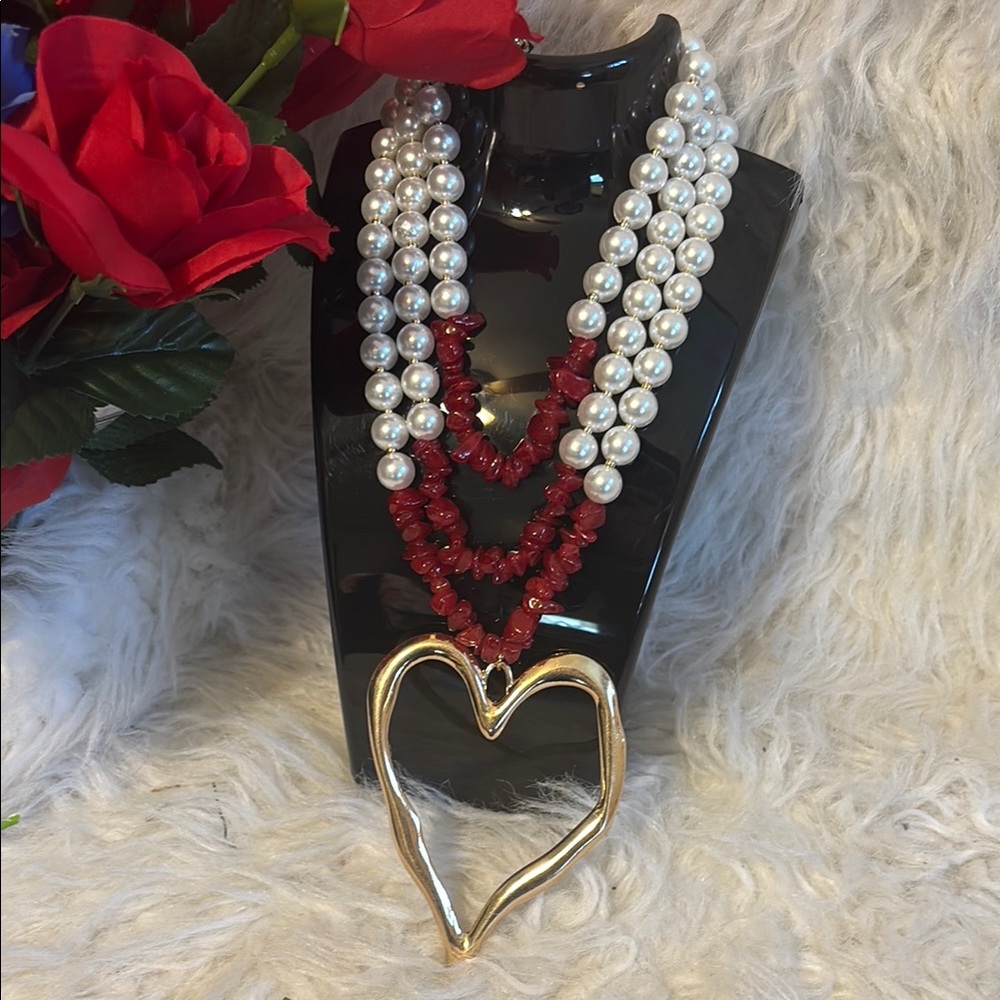 White and Red Beaded Necklace with Heart Pendant